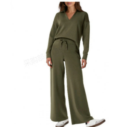 Women's Tracksuit Sports Suit V-neck Long-sleeved Pullover Top And Drawstring Straight-leg Trousers Casual Solid Trousers Set