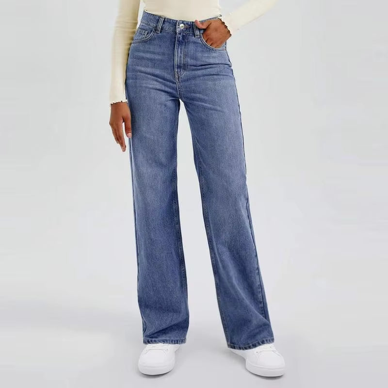Women'S Minimalist High Waist Denim Stretch Wide Leg Jeans Spring & Summer Trendy Multi-Pocket Denim Trousers Street Womenswear