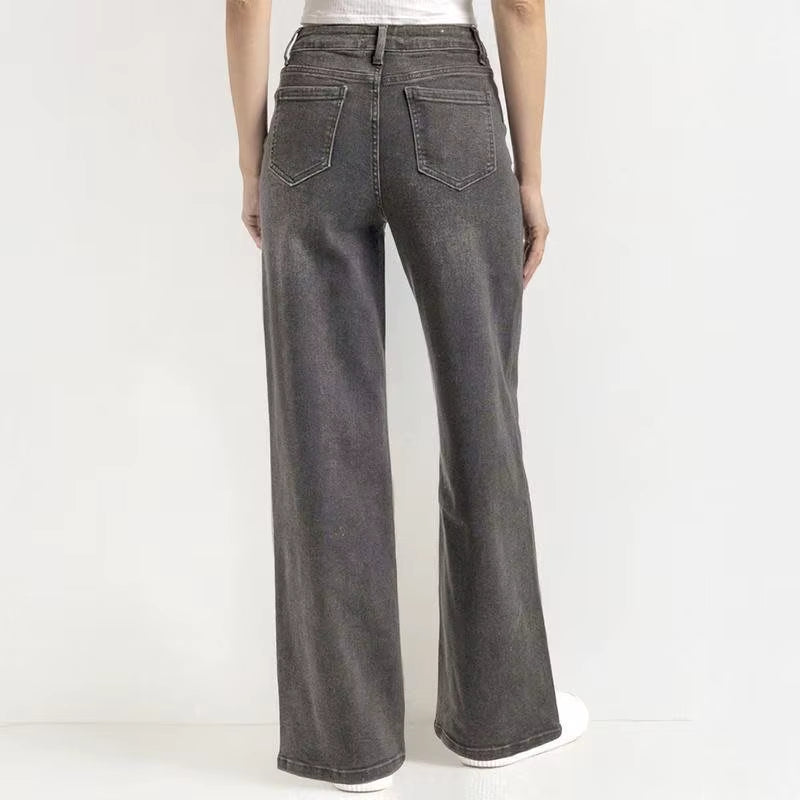 Women'S Minimalist High Waist Denim Stretch Wide Leg Jeans Spring & Summer Trendy Multi-Pocket Denim Trousers Street Womenswear