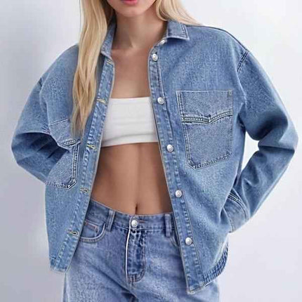 Women's Plain Button Front Drop Shoulder Curved Hem Denim Jacket, Casual Long Sleeve Pocket Design Collar Outerwear for Daily Wear, Ladies Clothes for All Seasons
