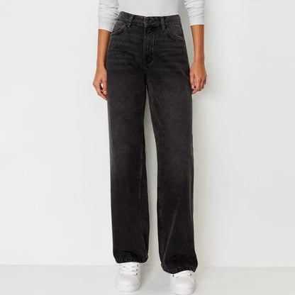 Women'S Minimalist High Waist Denim Stretch Wide Leg Jeans Spring & Summer Trendy Multi-Pocket Denim Trousers Street Womenswear